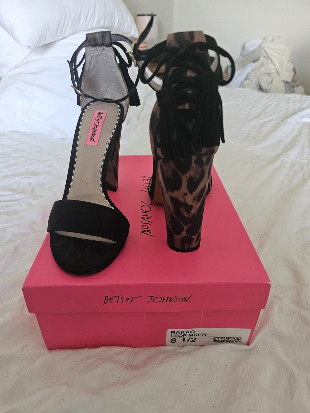 Betsey Johnson Black and Leopard Block Heel Sandals